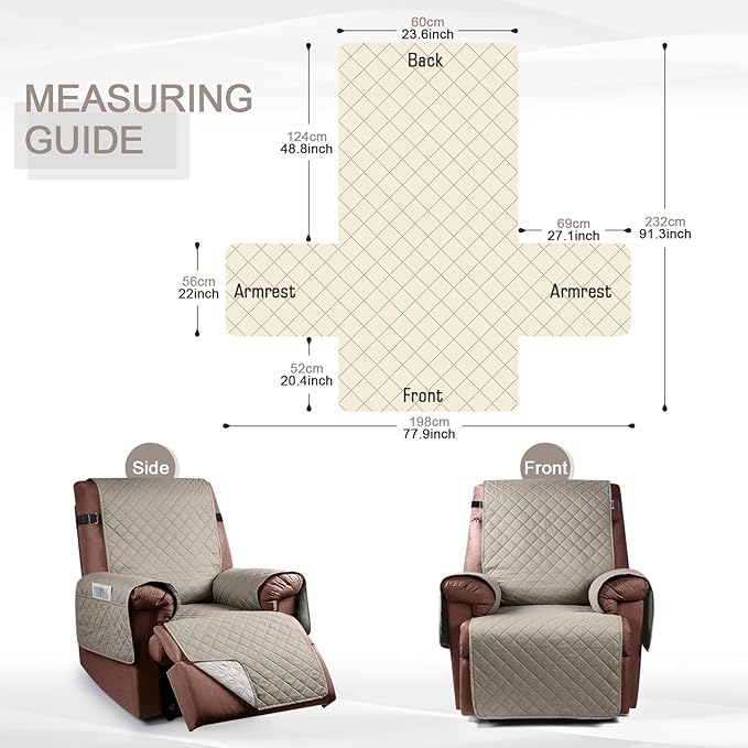 KinCam 100% Waterproof Recliner Chair Cover, Reclining Couch Covers for Pets, Dogs, Recliner Couch Slipcover Furniture Protector with Elastic Straps for Kids(23.6", Khaki)