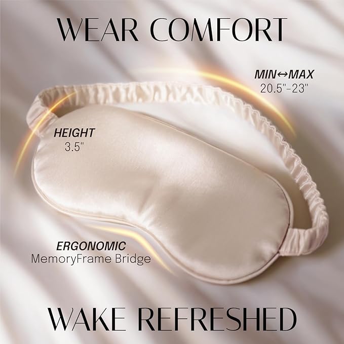 Silk Sleep Mask Eye Mask Blindfold with Double Layer Silk Filling and Elastic Strap for Full Night's Sleep, Travel and Nap, Soft Eye Cover Eyeshade with Luxury Bag and Ear Plugs (Champagne)
