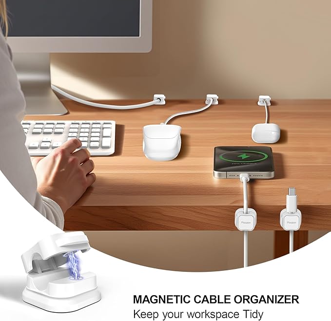 6 Pack Magnetic Cable Clip Organizer Cord Holder, Picozon Adhesive Cable Management, Wire Phone USB Charger Cable Holder, Keeper Organizer for Office Home Desktop Table - White