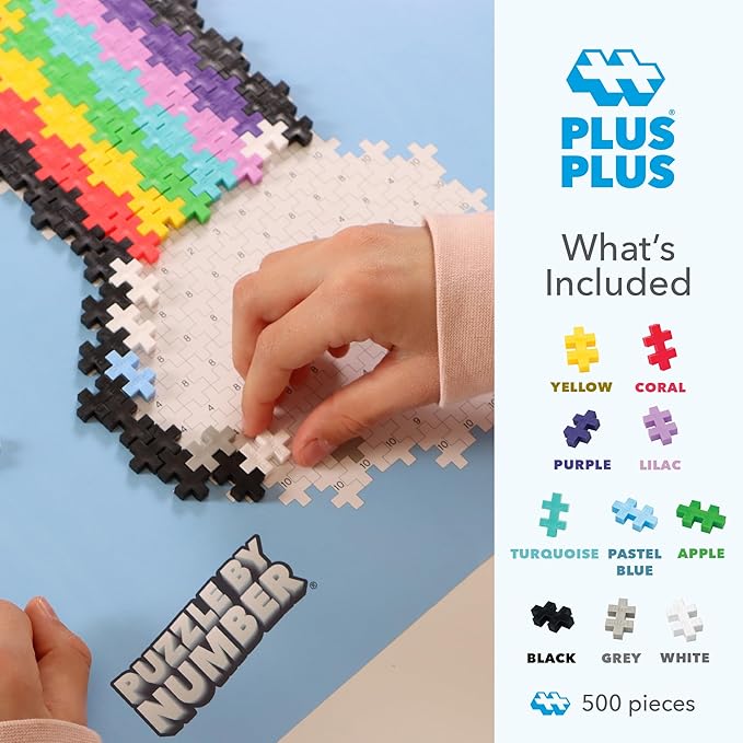 Plus Plus Puzzle By Number, 500 Piece Mini Interlocking Hashtag Color Blocks, 3D Pixel Art Kit for Kids - Rainbow