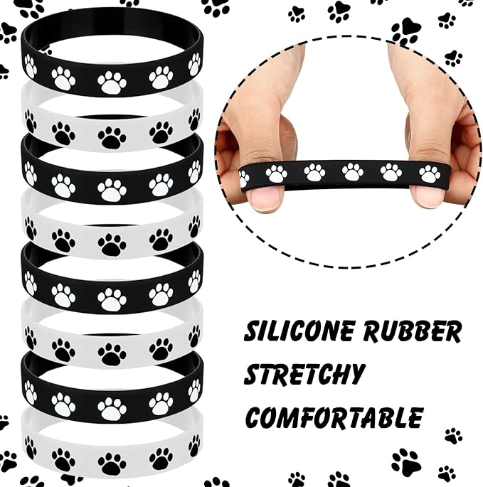 Funtery 100 Pcs Paw Print Rubber Bracelet Silicone Stretch Wristbands Dog Paw Silicone Bracelet Rubber Wristbands Dog Party Favors Birthday Party Supplies Decorations(Black, White)