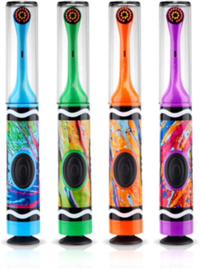 GUM Crayola Power Toothbrush for Kids, Extra Soft Bristled Toddler Toothbrushes, Travel Cap + Suction Cup Base, Batteries Included, 1ct (4pk)