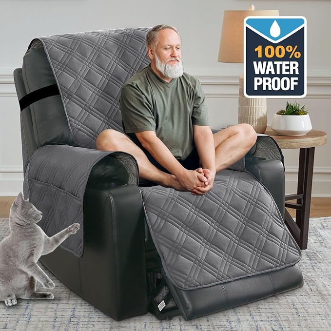 H.VERSAILTEX 100% Waterproof Recliner Chair Cover Nonslip Recliner Cover Stay in Place Electric Power Lift Recliner Slipcovers Fitted Standard Large Power Lift Recliner with Side Pocket,Grey/Beige