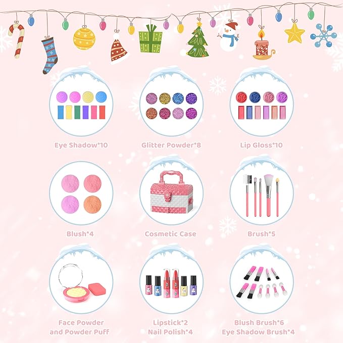 GirlsHome Kids Makeup Set for Girl 56 Pcs Washable Real Cosmetic, Non-Toxic Frozen Toys Toddler Makeup Kit, Frozen Princess Dress up Kit Christmas & Birthday Girl Gift for 3-12 (Frozen Pink)