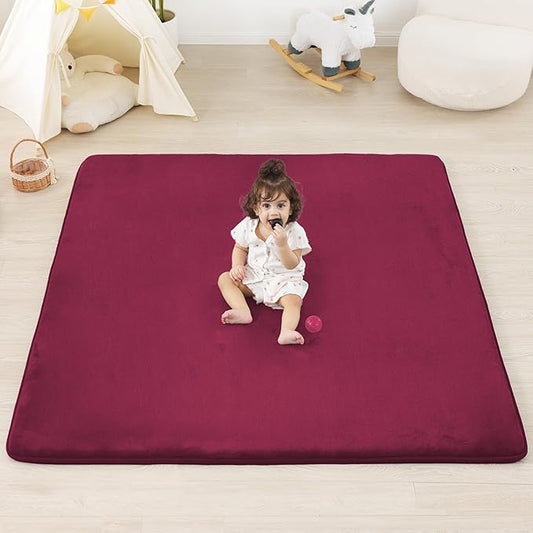 1.3" Thick Baby Floor Play Mat 50x50, Basic Padded Foam Mat for Tummy Time Crawling, Non Slip Cushioned for Babies Toddlers Infants Kids (Burgundy)