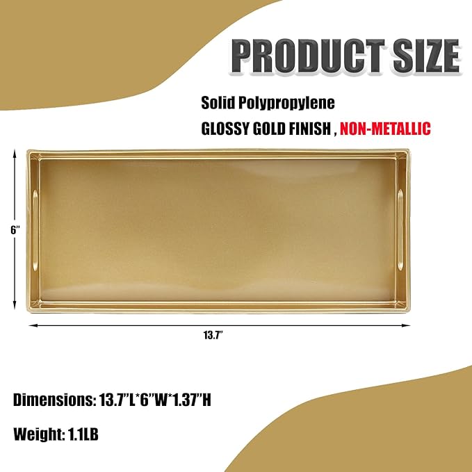 Leemxiiny Plastic Gold Vanity Tray with Handles, Small Decorative Tray Desktop Storage Organizer for Bathroom, Living Room, 13.7"*5.9"*1.37"