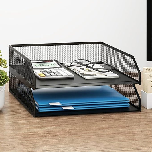 Natwind 2-Tier Stackable Paper Tray, Metal Mesh Desktop Organizer, A4 Paper Sorter, Letter Trays,File Folder Sorter Organizer with Sliding Tray for Home, Office, School (Black)