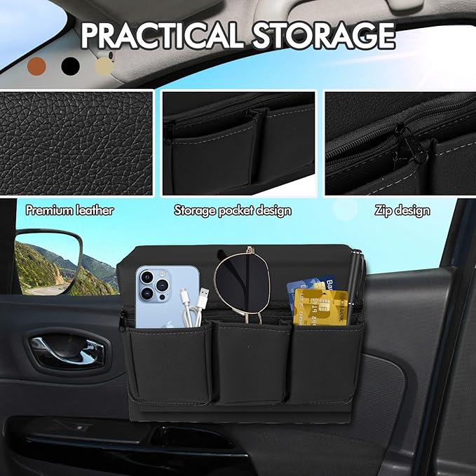 wuyaoyao Car Window Armrest Storage Box, Leather Automotive Door Side Storage Bag & Elbow Rest Pad, Multifunctional Vehicle Door Arm Rest Pad with Pockets, Universal Interior Car Accessories (Black)