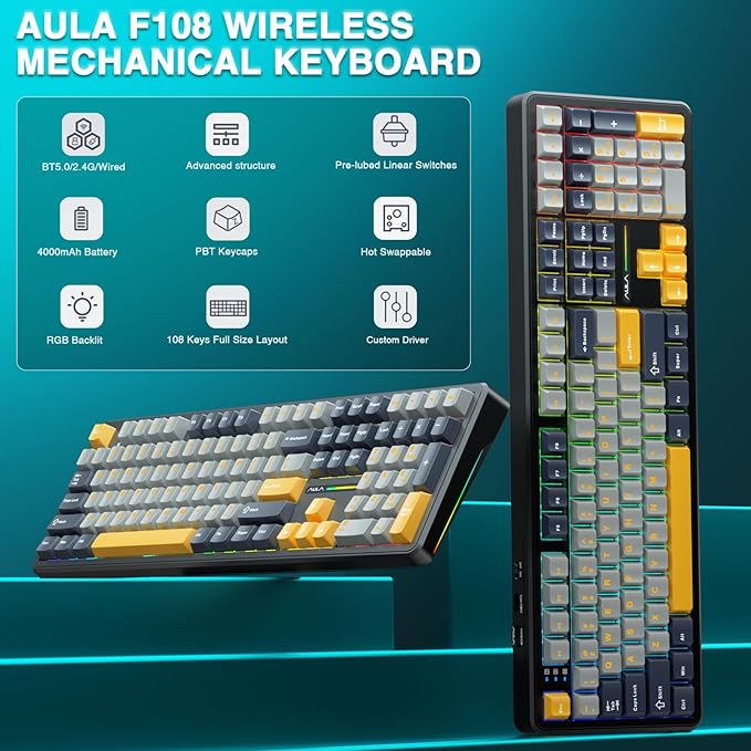 AULA F108 Wireless Mechanical Keyboard, BT5.0/USB-C/2.4GHz Hot Swappable Custom Gaming Keyboards, PBT Keycaps, Pre-lubed Switches, RGB Backlit Full Size Creamy Keyboard with Number Pad, 108 Keys