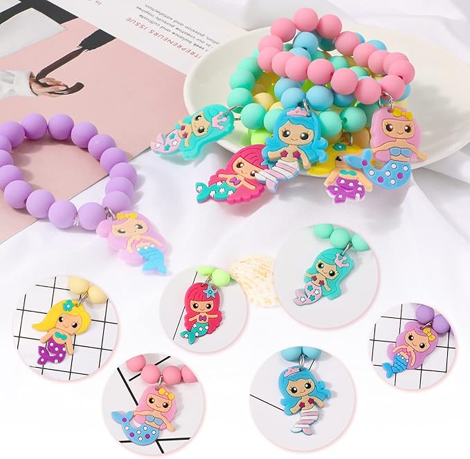 6 Pieces Mermaid Beaded Bracelets for Girls, Silicone Mermaid Pendant Bracelet Kids Jewelry Bracelets Set Princess Dress up Party Favor Gift (random colors)