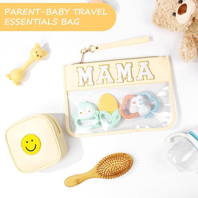 BuyCard 2 Pcs Preppy Patch Clear Mama Bag, Women Chenille Letter Makeup Cosmetic Bag for Travel, PVC Waterproof Organization Outdoor Zipper Pouch Toiletry Bag for Women Girl