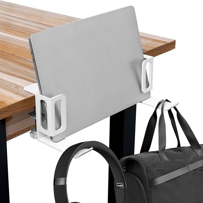 Desk Side Laptop Stand, Vertical Desk Side Laptop Holder with Headphone Stand, Adjustable Length Mount Storage Rack, No Drill Clamp Organizer for Laptops, Tablets, Keyboards (White)
