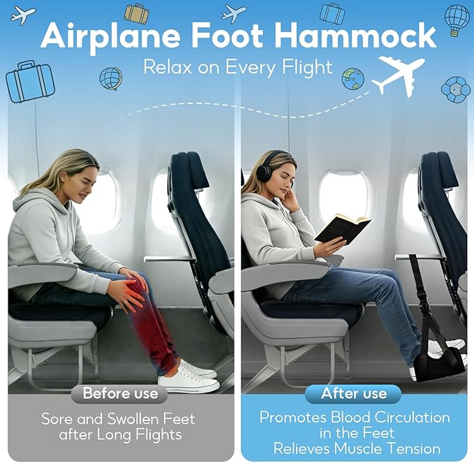 2-Pack Airplane Foot Hammock, Adjustable Plane Foot Rest for Long Flight, Plane Travel Essentials to Relax Your Feet, Foot Rest for Air Travel, Desk & Car