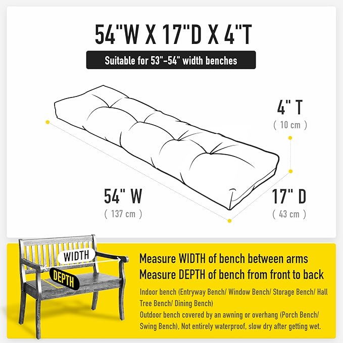 SUNROX LokGrip Non Slip Tufted Memory Foam Bench Cushion, FadeShield Water Resistant Durable Thicken Outdoor/Indoor Bench Seat Pads 54x16x4 inch, Turquoise