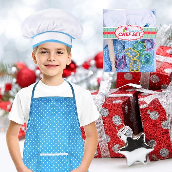 HmiL-U Chef Set for Kids - 13 Pcs Kids Cooking and Baking Set Includes Kids Apron, Chef Hat, Utensils, Cooking Mitt for Kids Chef Role Play Set , Gift for 3 Year Old Girls and up(Blue)