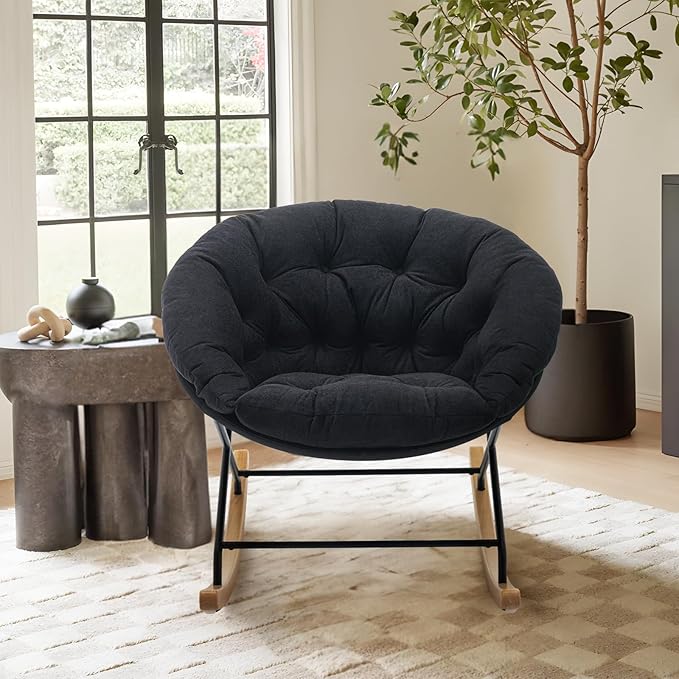 COLAMY Rocking Chair Nursery, Upholstered Glider Rocker Accent Chair Saucer Armchair with Comfy Cushions, Wood Base and Metal Legs for Living Room, Bedroom, Office, Black