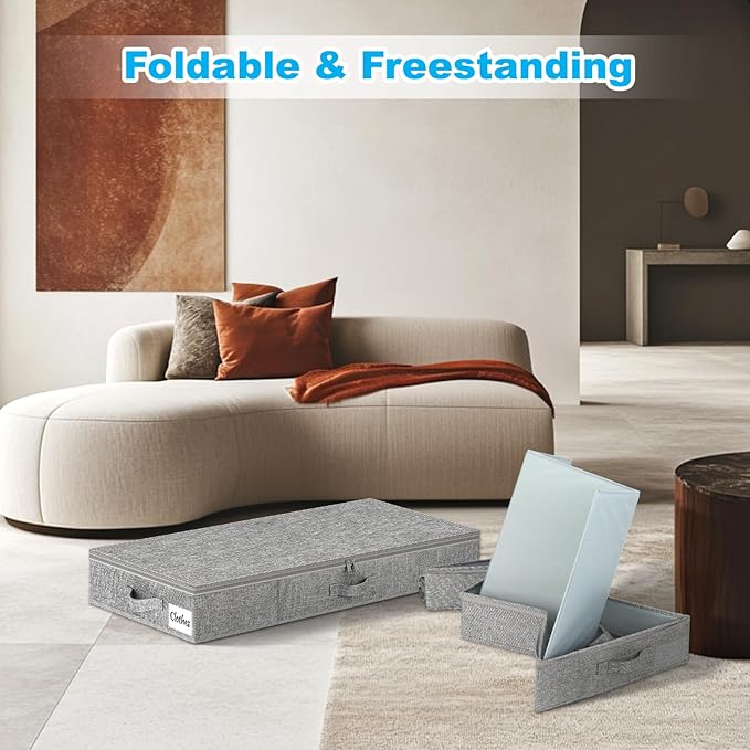 Under Bed Storage Container Bins 2 Pack, 4.5 Inch Slim Low Profile Underbed Clothes Storage Organizer for Dorm & Home, Use for Blanket and Toy Storage Box W/ Sturdy Bottom/Sides, Foldable Thick Fabric