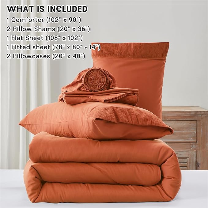 Anluoer Burnt Orange King Comforter Set 7 Pieces, Bed in a Bag with Sheets, All Season Bedding Sets with 1 Comforter, 2 Pillow Shams, 2 Pillowcases, 1 Flat Sheet, 1 Fitted Sheet
