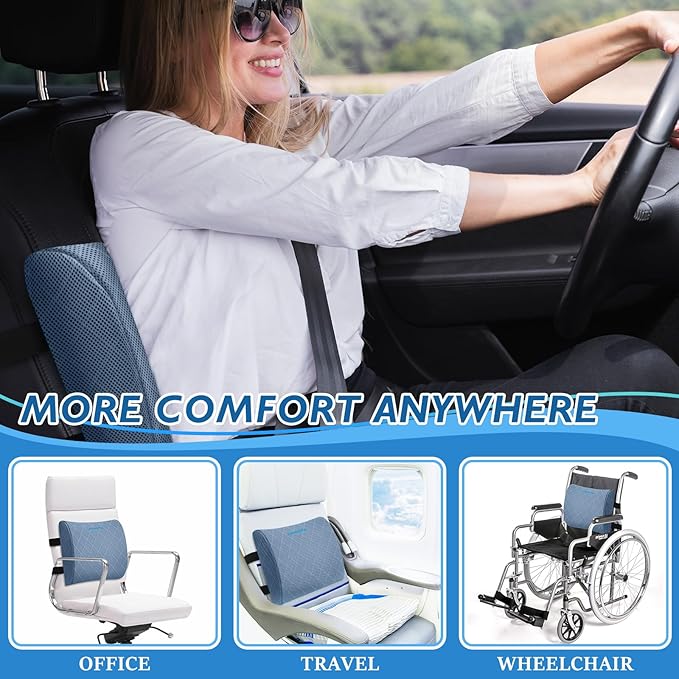Lumbar Support Pillow for Office Chair Back Support Lumbar Pillow for Car, Gaming, Office Chair - Improve Sitting Posture & Back Pain Relief, Memory Foam, Adjustable Straps, Light Blue