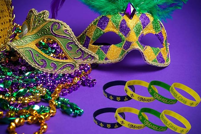 48 Pack Mardi Gras Party Favors Rubber Bracelets - Carnival Birthday Party Supplies Decorations Goodie Bag Stuffers Fillers Silicone Wristbands