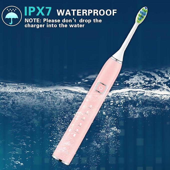 7AM2M Ultrasonic Electric Toothbrush with 6 Brush Heads for Adults&Kids, One Charge for 90 Days, Wireless Fast Charge, 5 Modes 40000VPM Powered Toothbrush, 2 Minutes Built in Smart Timer-Rose Pink