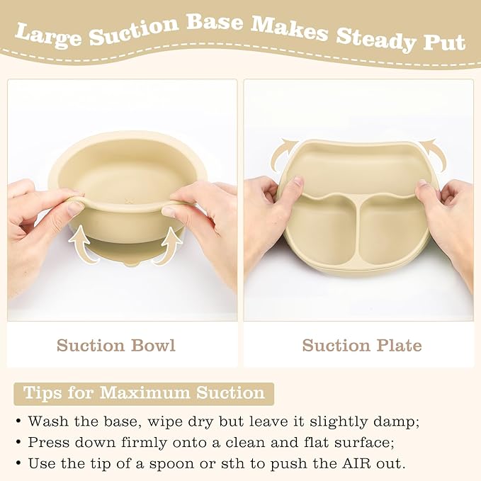 Silicone Baby Feeding Set, Baby Led Weaning Supplies with Suction Bowl Divided Plate, Toddler Self Feeding Dish Set with Spoons Forks Sippy Cup Adjustable Bib, Eating Utensils for 6+ Months(Beige)