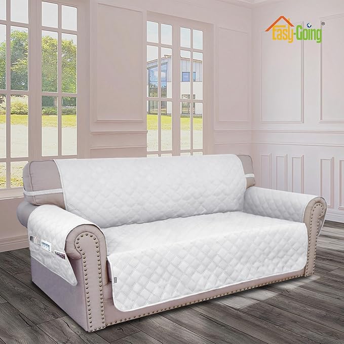 Easy-Going Waterproof Oversized Loveseat Covers Leakproof Couch Cover for 2 Cushion Couch Sofa Cover Washable Sofa Slipcover Non-Slip Furniture Protector with Pocket for Pets (Medium-XL, White)