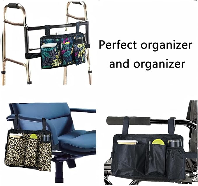 Wheelchair Side Bag with Cup Holder, Wheelchair Armrest Pouch Accessories for Walker, Rollator, Electric Scooter Wheelchairs (Black, 13.8X8 Inch)