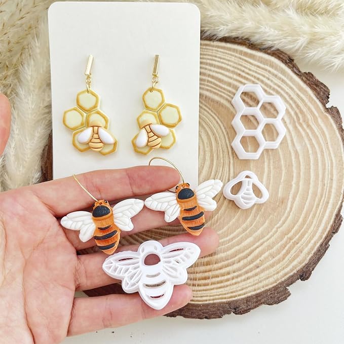 3ps Embossed Bumble Bee Cutter Set, Honeycomb Fall Polymer Clay Cutters, Clay Animals Jewelry Making, Polymer Clay Earrings Cutters, Tissue Blades Mini Clay Earring Cutters for Polymer Clay Texture