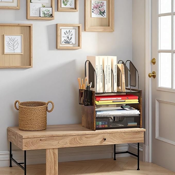 Wood Desk Organizer - 4-Tier Desktop File Organizer with Drawer, Wooden Paper Tray, Vertical File Holders & 2 Pencil Holders - Office Desk Organizer for Papers, Mail, Notebooks, Stationery