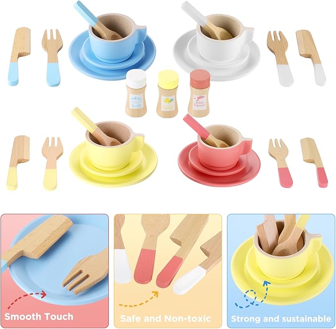 GAGAKU Wooden Play Dishes and Plates for Kids Kitchen Set 27 PCS Montessori Wooden Play Kitchen Accessories Kitchen Toy for Toddlers Wooden Play Cooking Set for 3-8 Years Girls and Boys