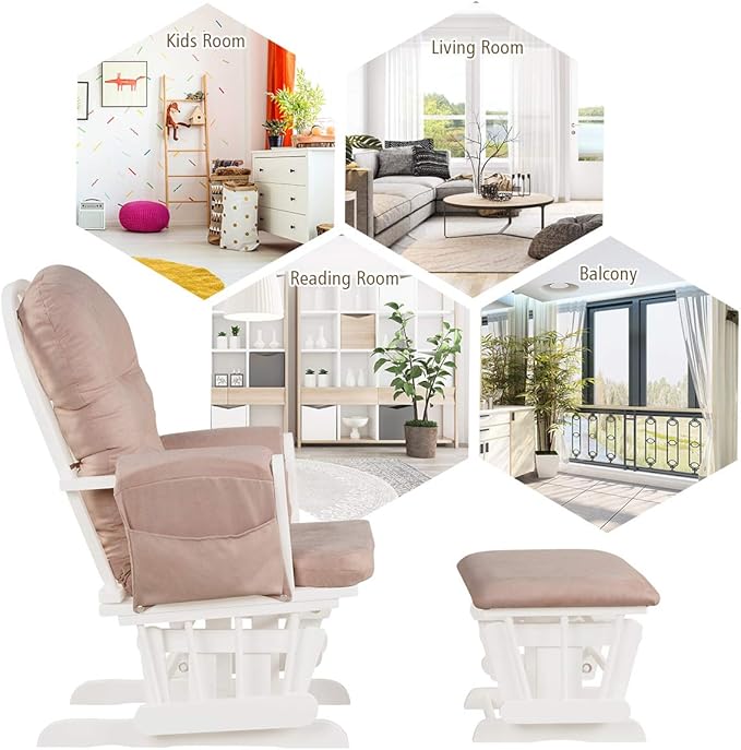 Costzon Nursery Glider with Ottoman, Upholstered Comfort Glider Rocker with Padded Cushion, Storage Pocket, Solid Wood Base, Rocking Chair Nursery for Breastfeeding, Maternity, Napping (Pink)