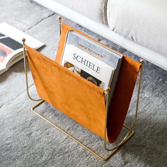 lesermoorer Plated Metal Wire and Suede Leather Magazine Holder Rack, Standing Rack for Magazines, Books, Newspapers, Home Staging Decoration
