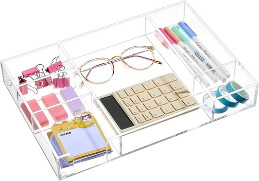 Briwooody Acrylic Drawer Organizer Clear Desk Drawer Organizer Trays with Adjustable Compartments Desk Accessories for Office Stationery Makeup Silverware Bathroom(Adjustable)