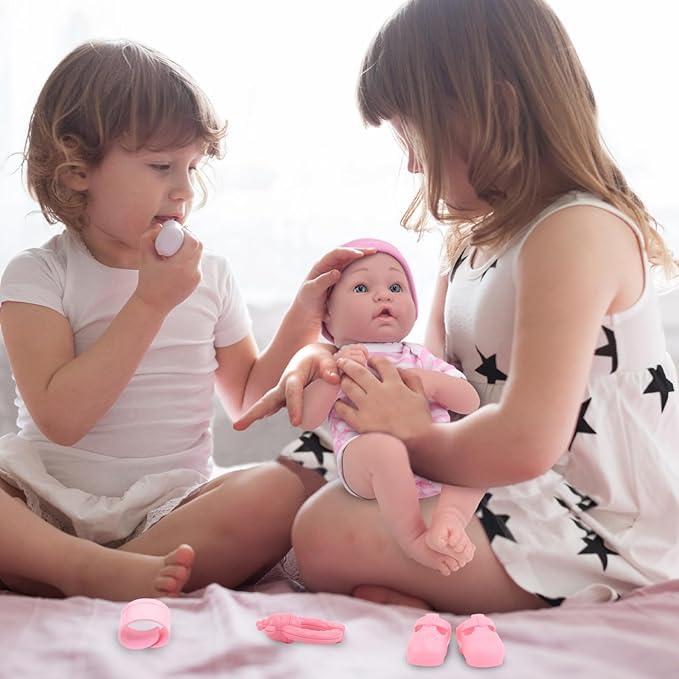 14 Inch Baby Doll with Clothes and Accessories Set, 12 Pcs Baby Doll Reborn Clothes and Accessories Include Alive Doll Clothes,Hat,Soft Doll Shoes and Socks,Ringing Toy,Bracelet,Feeding Bottle