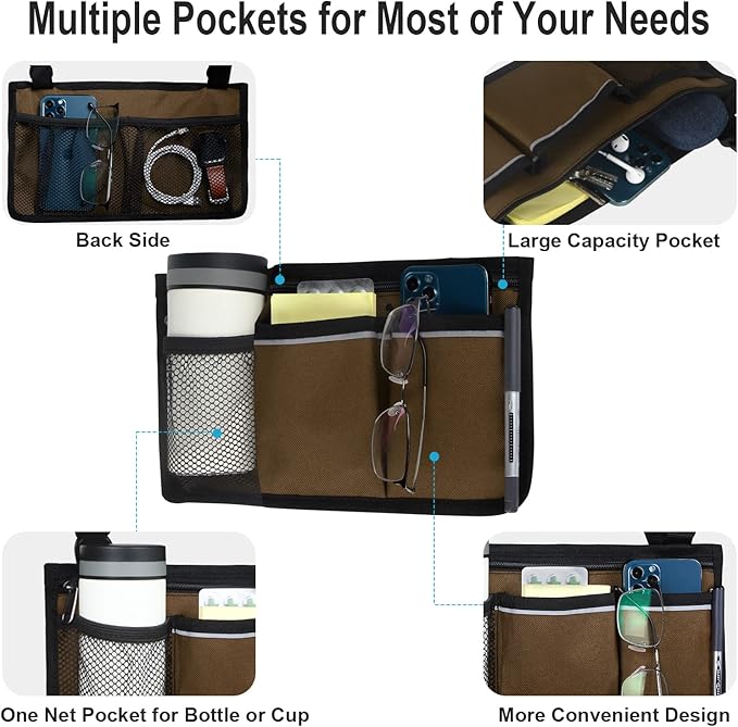 Wheelchair Side Bag, Armrest Storage Pouch with Cup Holder and Reflective Strip Use of Waterproof Fabric, for Most Wheelchairs, Walkers or Rollators (Coffee)