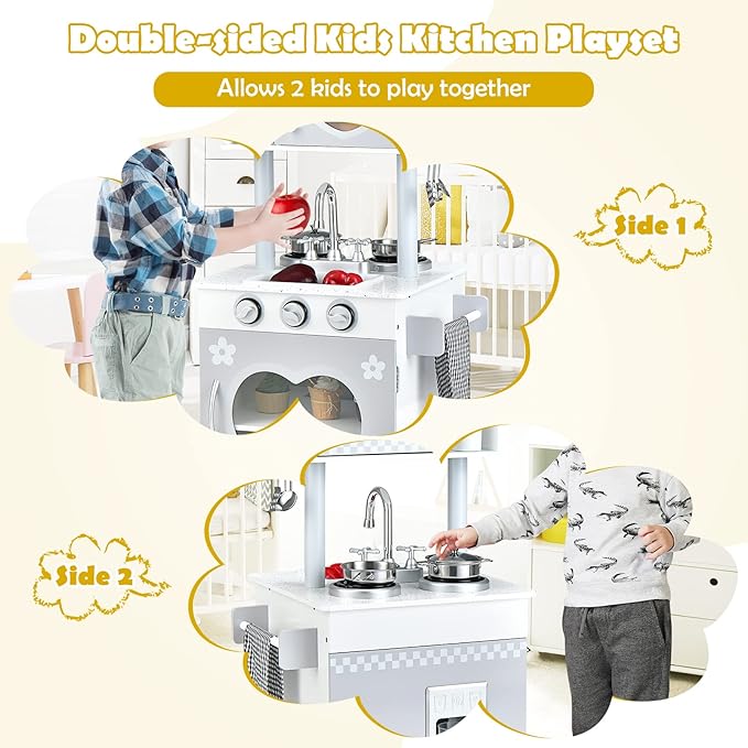 HONEY JOY Kids Kitchen Playset, Double Side Little Chef Play Kitchen for Toddlers, Oven & Sink, Ice Cube Dispenser, Utensils, Microwave, Storage Cabinet, Wooden Pretend Play Toy Kitchen Set, Gray