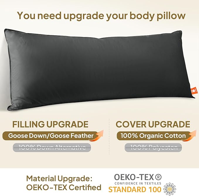 Goose Down Body Pillows for Adults, Large Body Pillow for Side Sleeper, Hugging Feather Body Pillow Insert, Cooling Full Length Long Pillow for Bed with 100% Organic Cotton Shell, (Black 20"x60")