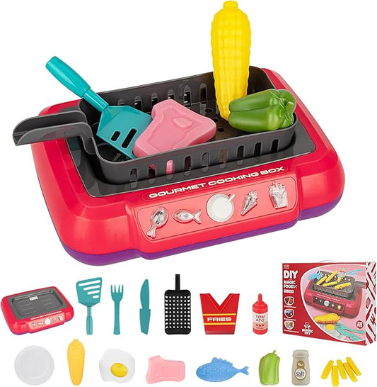 Kids Grill Playset,Kids Play Food with Water Activated Color Changing Toys, Simulation Cooking Toy with Water, Kitchen Toy for Toddler Child Girl Boy 3 4 5 6 Year Old - Red
