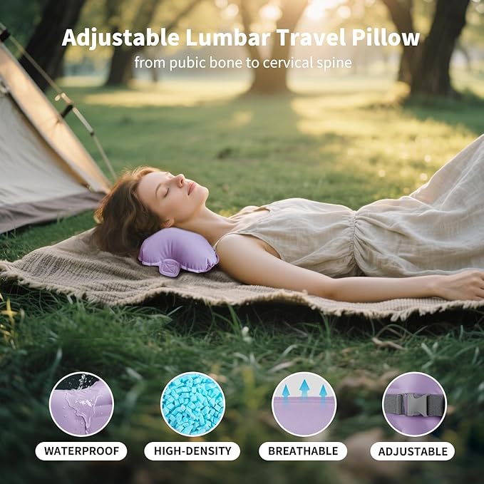 Mixtrend Travel Lumbar Pillow Inflatable Lumbar Support Pillow with Memory Foam, Back Support Pillow for Airplane Long Flight, Essential Travel Support Pillow for Women Men Kids（Lavender）