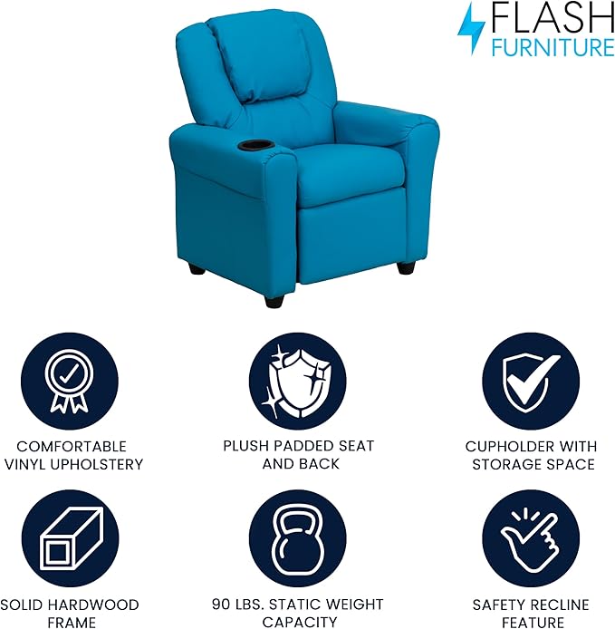 Flash Furniture Vana Vinyl Kids Recliner with Cup Holder, Headrest, and Safety Recline, Contemporary Reclining Chair for Kids, Supports up to 90 lbs., Turquoise