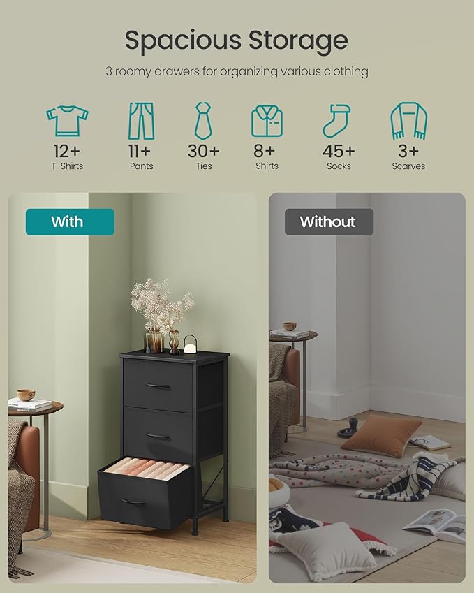 SONGMICS Dresser for Bedroom, Chest of Drawers, Steel, MDF, 3 Non-Woven Fabric Drawers, Storage Organizer Unit, Closet, Entryway, Ink Black and Ebony Black ULGS313B01S