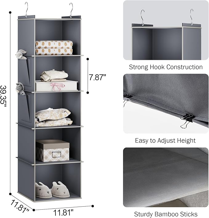 YOUDENOVA Hanging Closet Organizer, 5-Shelf Closet Hanging Storage Shelves, Grey