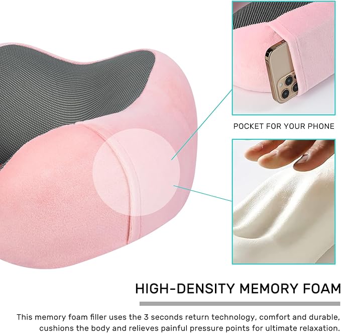 urnexttour Neck Pillow Airplane-2 Pack Memory Foam Travel Pillow, Soft Support Travel Neck Pillow for Travelling, Sleeping Rest, Car, Train and Home Use (Black&Pink)