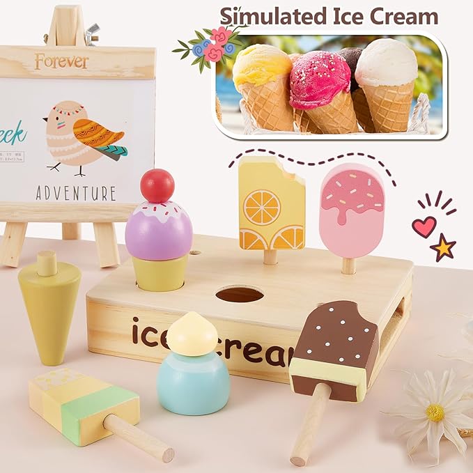 HERSITY Wooden Ice Cream Stand for Kids, Ice Cream Popsicle Toy Pretend Play Food Kitchen Accessories Playset Ice Lolly Shop Games for Toddlers Girls Boys 3 4 5 Years Old