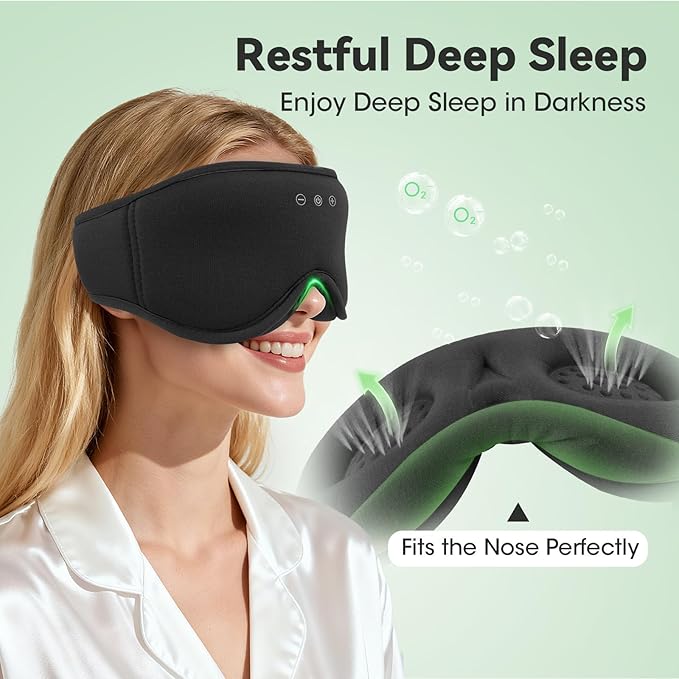 BeMyLady 3D Bamboo Cotton Sleep Mask with Bluetooth 5.4 Headphone, Music Wireless Bluetooth Blackout Eye Mask for Side Sleepers, Earphones HD Speaker Microphone for Travel, Gifts for Women Men, Black