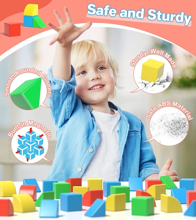 Magnetic Blocks for Toddlers, Kids Building Toys, Creative Stacking Colorful Sensory Block with Magnet, Educational Construction Cubes Set for Boys Girls Children Ages 3 4 5 6 7 8 Year