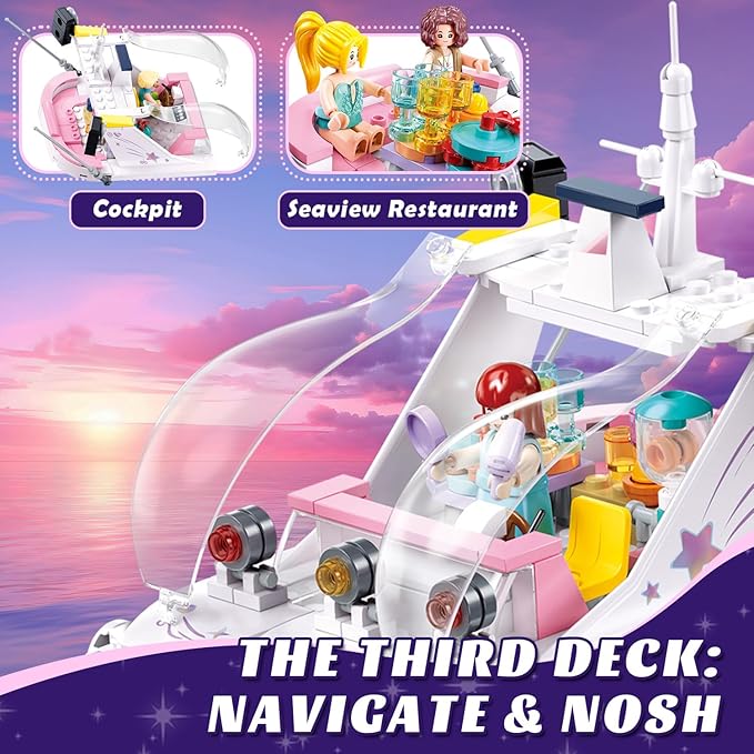 Friends Pink Yacht for Girls 8-12, Cruise Ship Building Toys with 8 Minifigures & 2 Boats, Compatible with Lego Friends Girls Ship, Gifts for Kids Girls Ages 8+, 1108 PCS