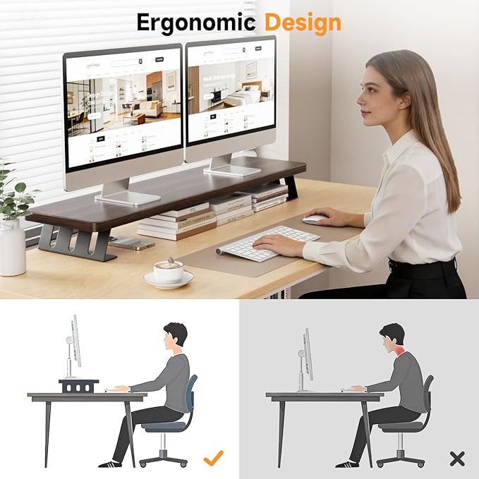 NestNeat Dual Monitor Stand Riser, 39 Inch Large Wood Monitor Stands for 2 Monitors, Desk Monitor Riser for Computer/Laptop/Printer/TV, Stand Riser up to 220 lbs