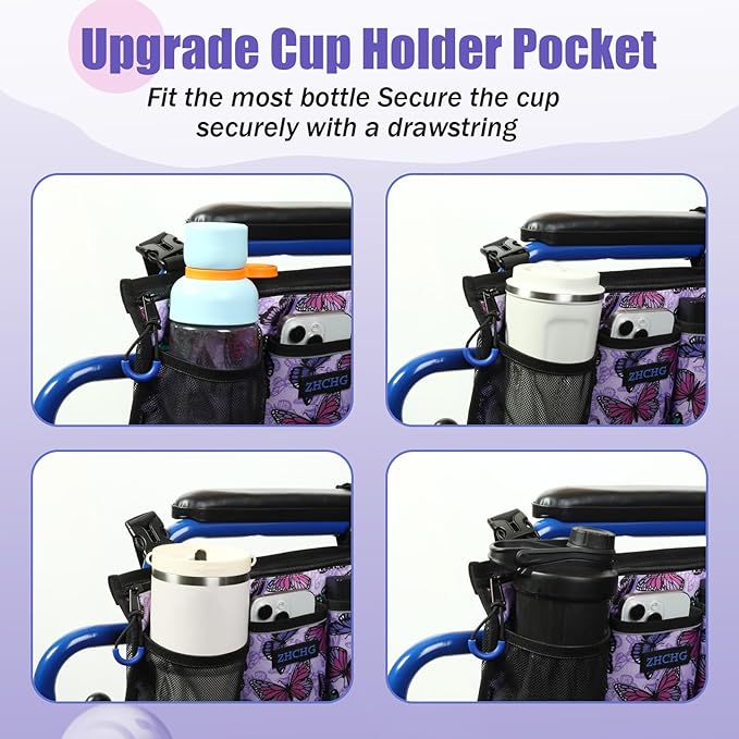 Wheelchair Side Bag, Wheelchair Armrest Pouch Accessories with Cup Holder, Storage Bag for Walker, Rollator, Electric Scooter Wheelchairs, Ideal Gift for Mother's Day & Father's Day (Purple)